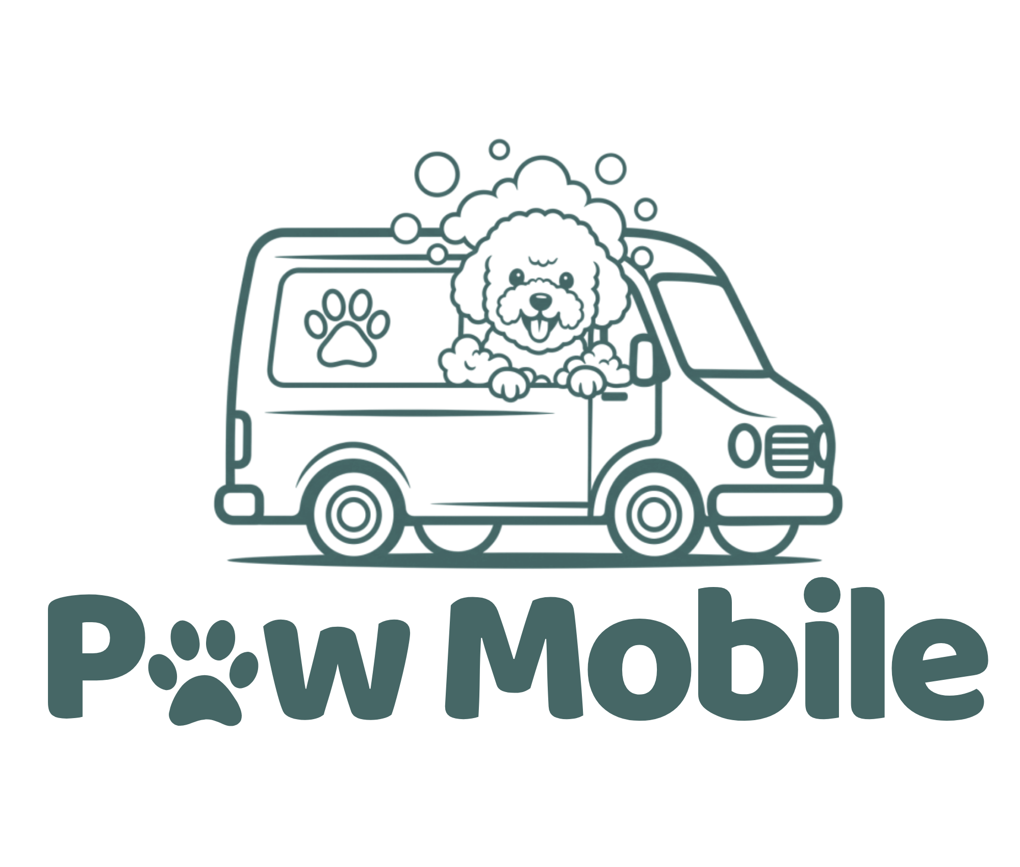 Illustration of the PawMobile grooming van with a dog in the window